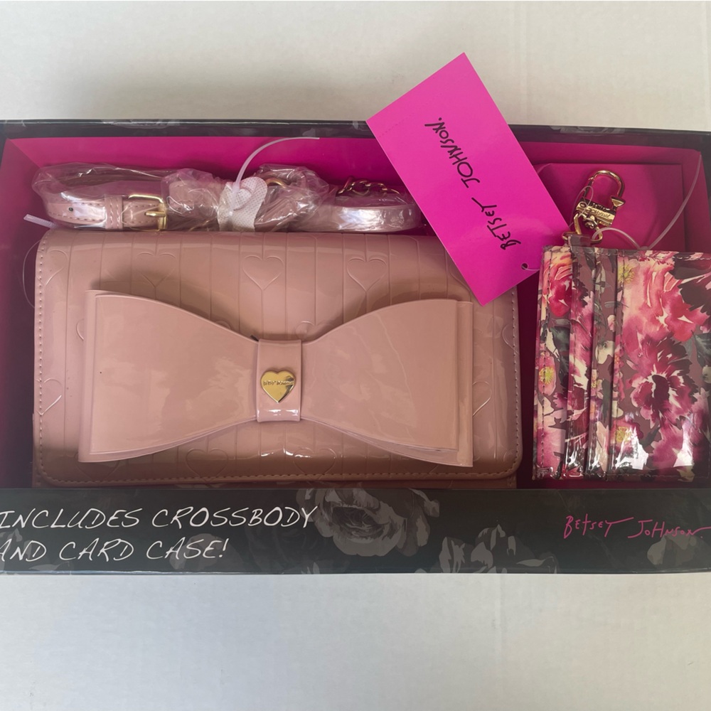 Betsey Johnson Blush Pink Patent Bow Crossbody with Floral Card Case